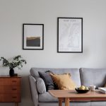 gray sofa with wooden table for living room