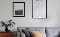 gray sofa with wooden table for living room