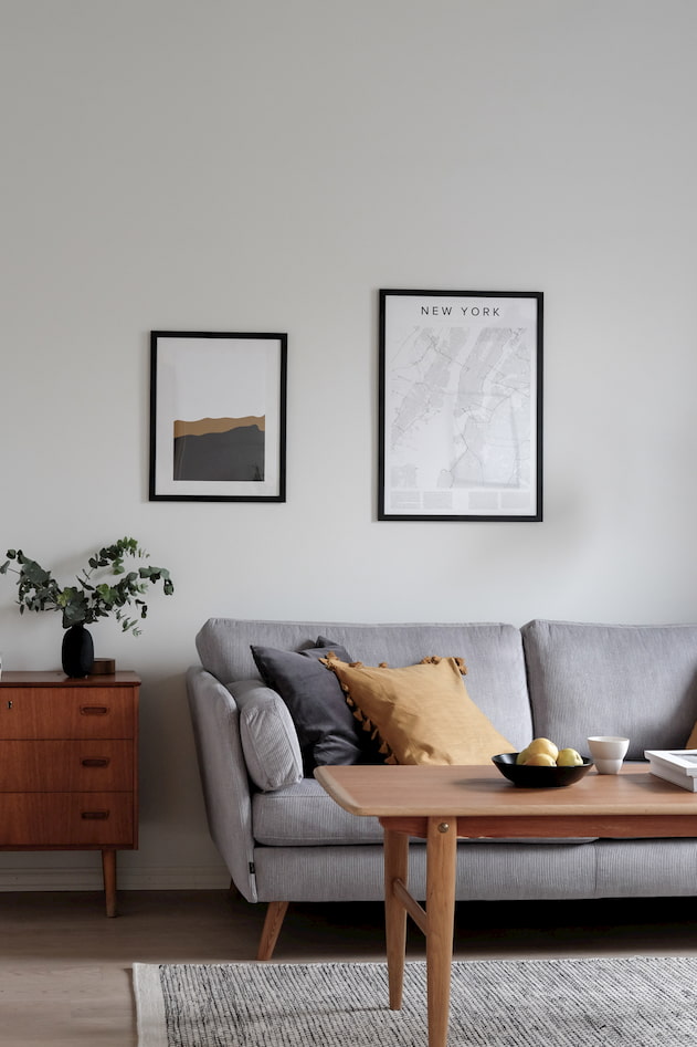 gray sofa with wooden table for living room