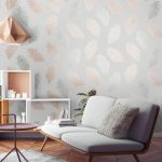 decorative wallpaper for wall with leaves for living room sofa bed for two with designed pillows modern lamp and white shelves