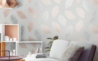 decorative wallpaper for wall with leaves for living room sofa bed for two with designed pillows modern lamp and white shelves