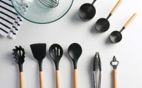 kitchen utensils with black and wooden design