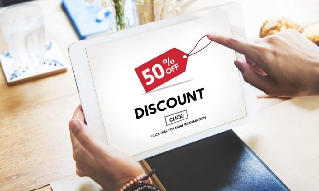 50% off discount shown on on tablet display